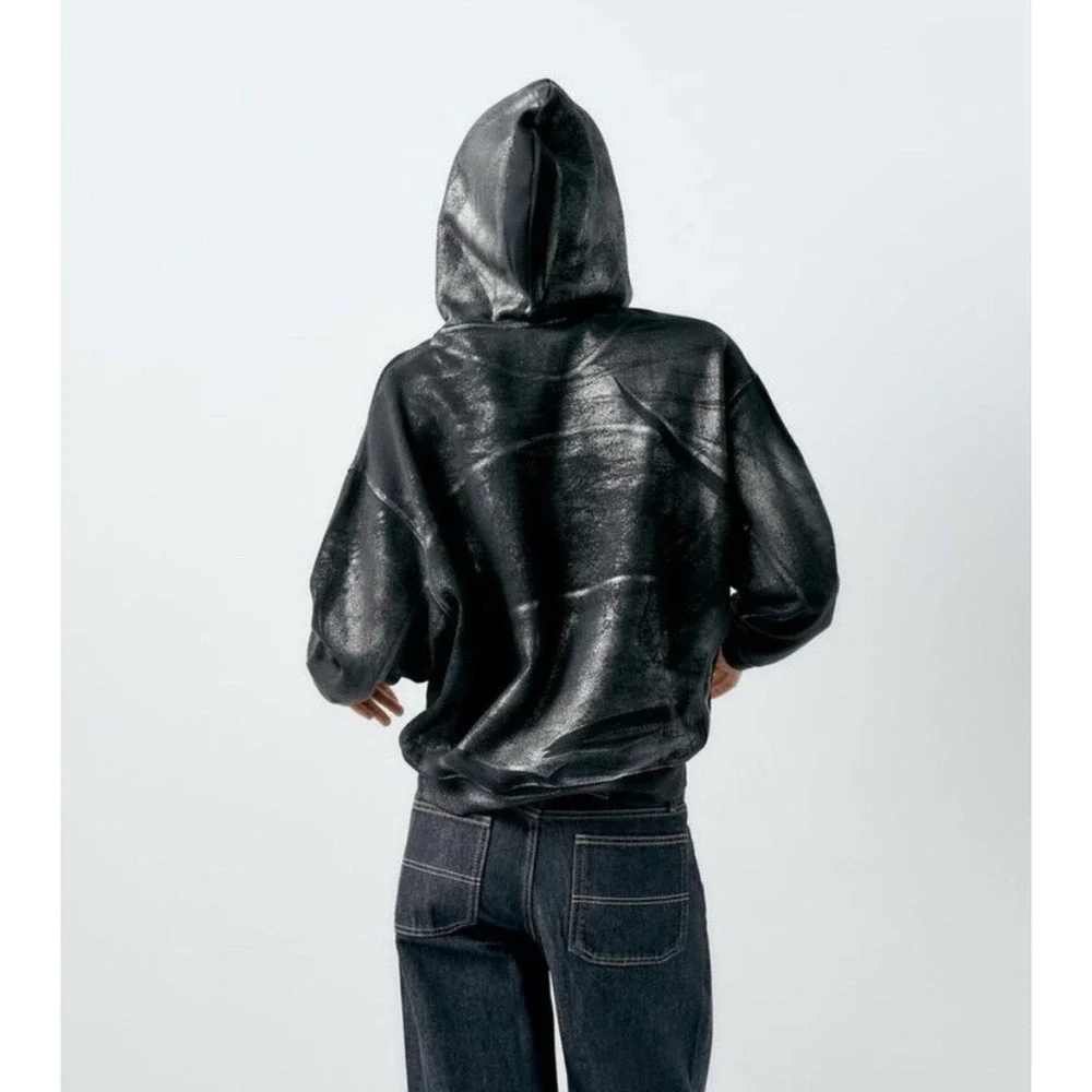ZARA Womens Girls Metallic Silver Punk Gothic Rock Hoodie‎ Sweatshirt Size S - Picture 7 of 15